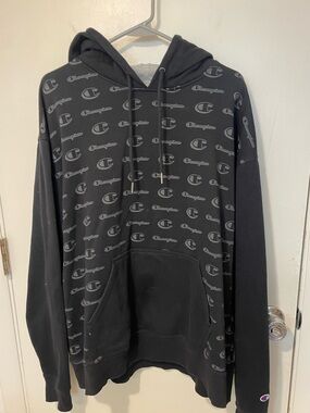 Champion Reverse Weave black mens print hoodie grey C logo sz L sweatshirt